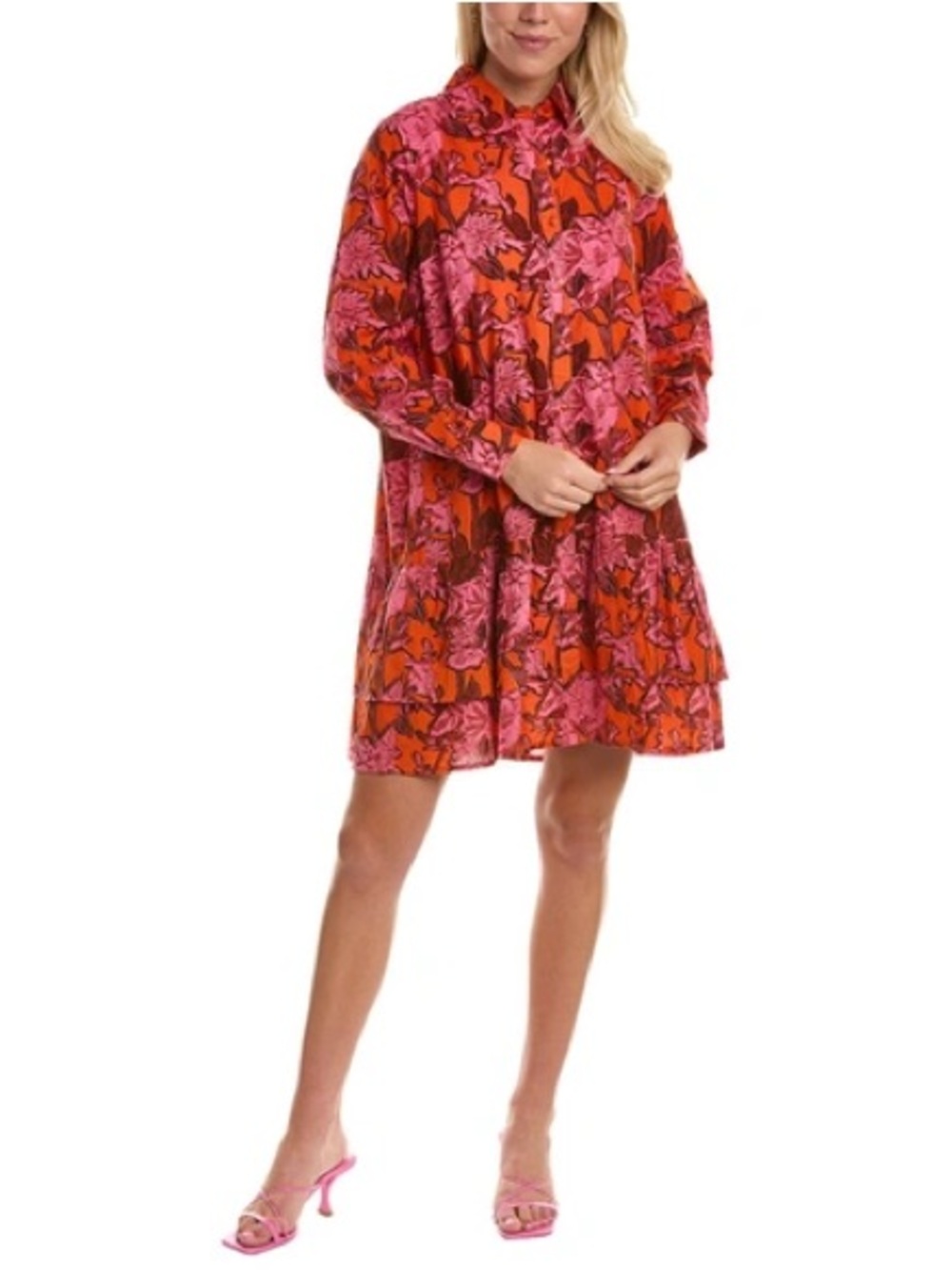 Ro’s Garden Cecile Tiered Mini Statement Dress Pink & Red Floral Sz L